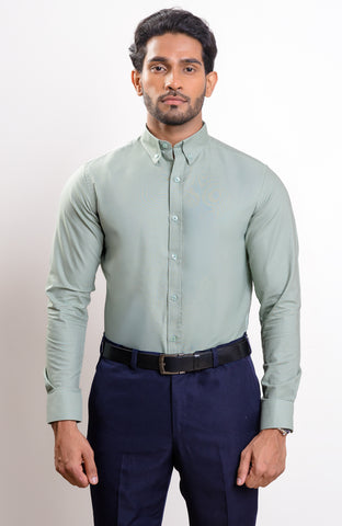 Green Wash oxford button down collar casual long sleeve shirt with self color logo embroidery on cuff