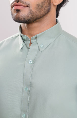 Green Wash oxford button down collar casual long sleeve shirt with self color logo embroidery on cuff