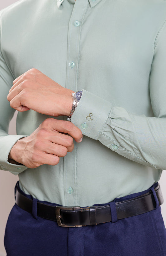 Green Wash oxford button down collar casual long sleeve shirt with self color logo embroidery on cuff