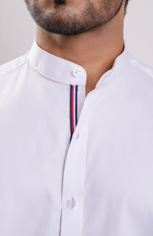 Satin White nehru collar casual long sleeve shirt with inner placket twill tape