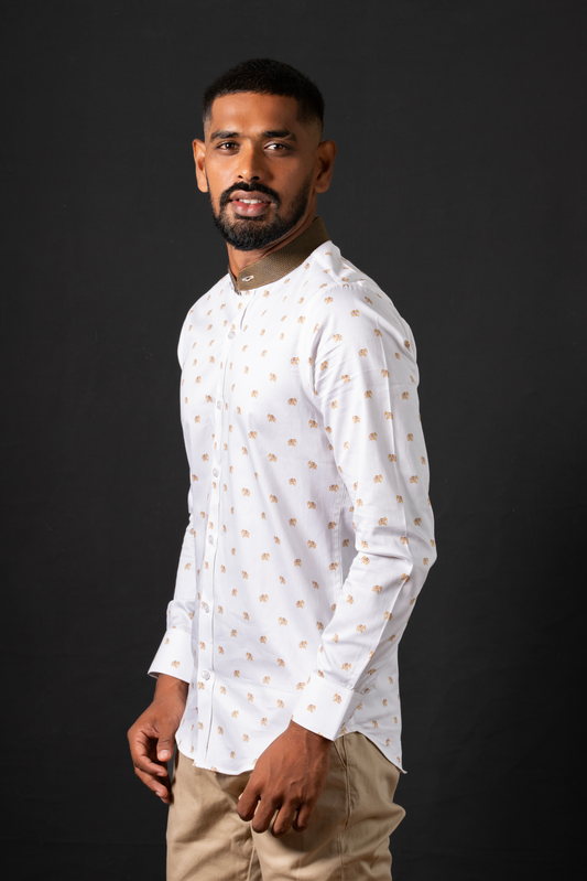 Elephant Print Satin Shirt with Contrast Collar