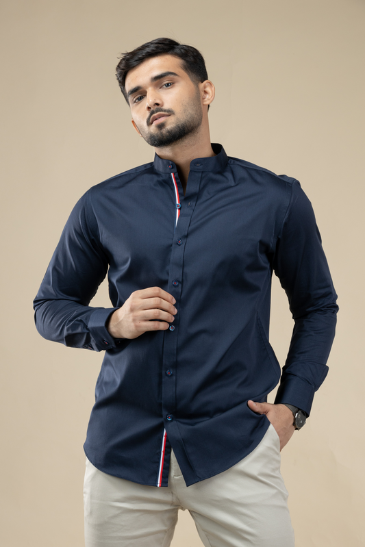 Navy Blue Satin Nehru Shirt with Twill Tape