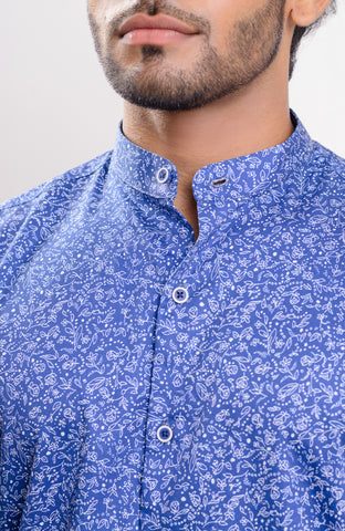 Dark blue base white floral print Nehru collar casual long sleeve shirt