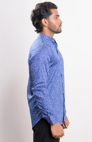 Dark blue base white floral print Nehru collar casual long sleeve shirt