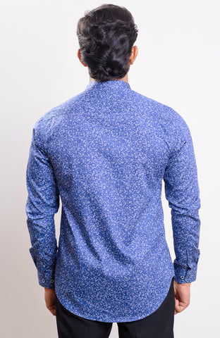Dark blue base white floral print Nehru collar casual long sleeve shirt