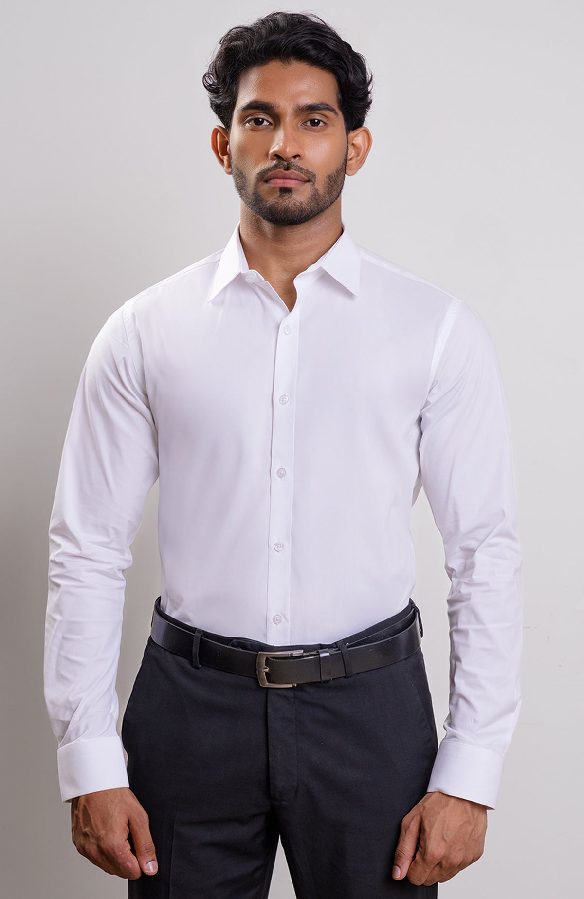 Satin White spread collar long sleeve plain shirt