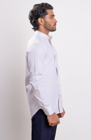 Satin White nehru collar casual long sleeve shirt with inner placket twill tape