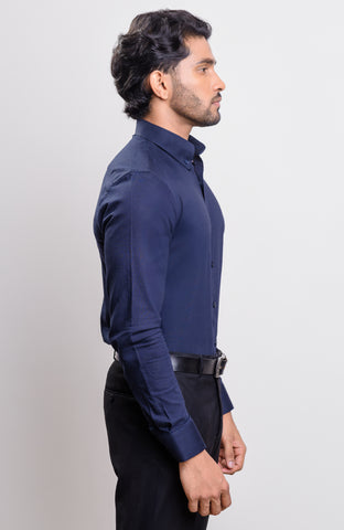 Navy Blue Washed Oxford Buttondown collar long sleeve shirt with logo on cuff