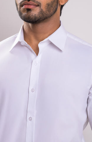 Satin White spread collar long sleeve plain shirt