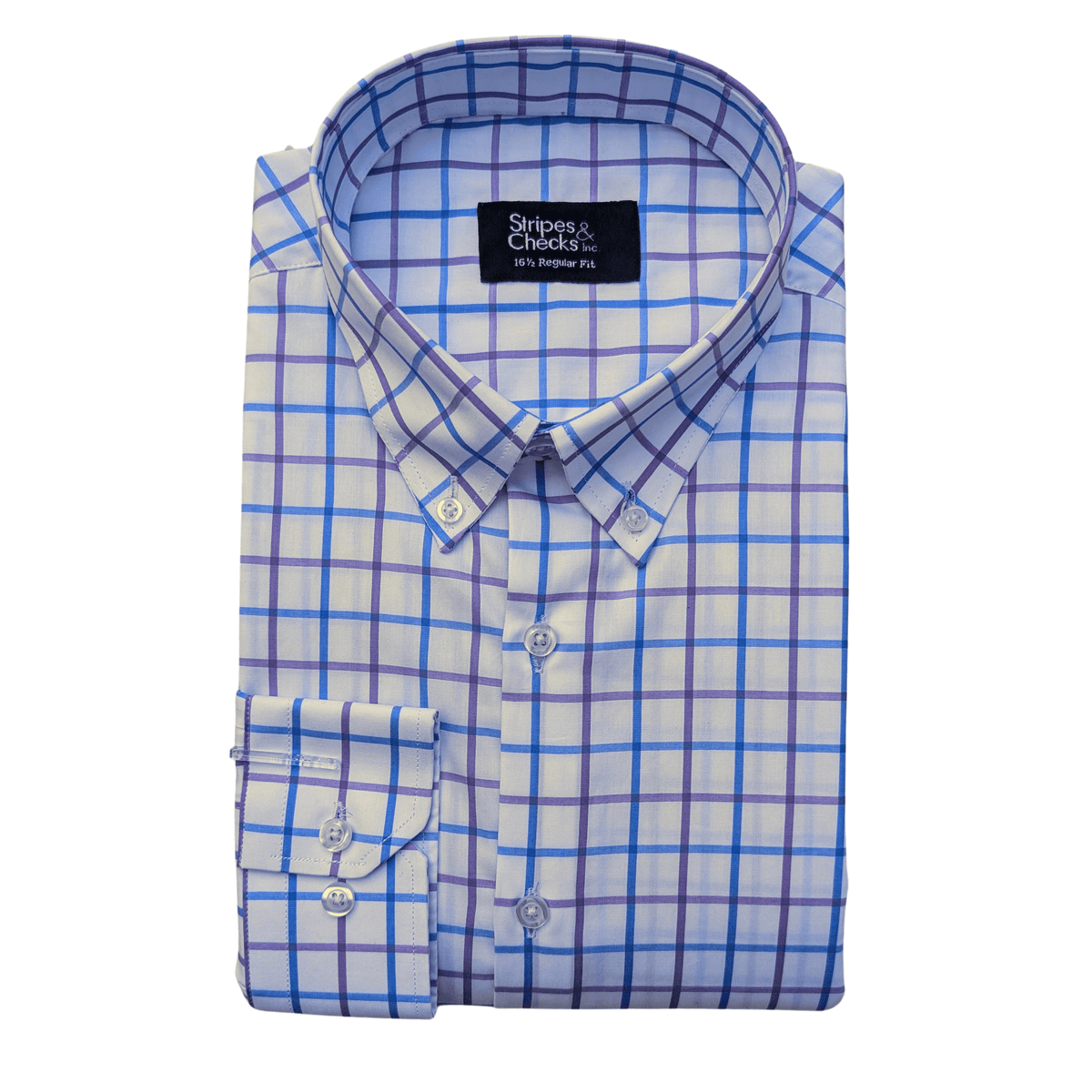 Blue and Purple Check Button Down Long Sleeve Shirt with Elbow Patch