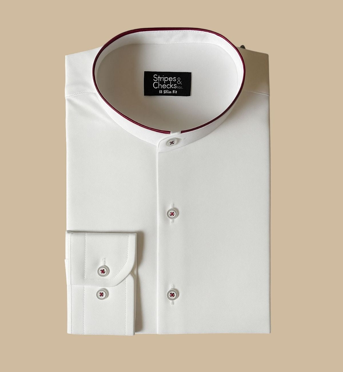White Double Nehru Long Sleeve Shirt with Maroon Piping