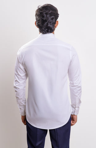Satin White nehru collar casual long sleeve shirt with inner placket twill tape