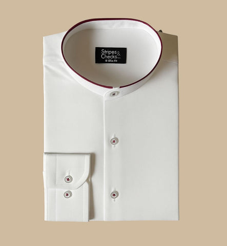 White Double Nehru Long Sleeve Shirt with Maroon Piping