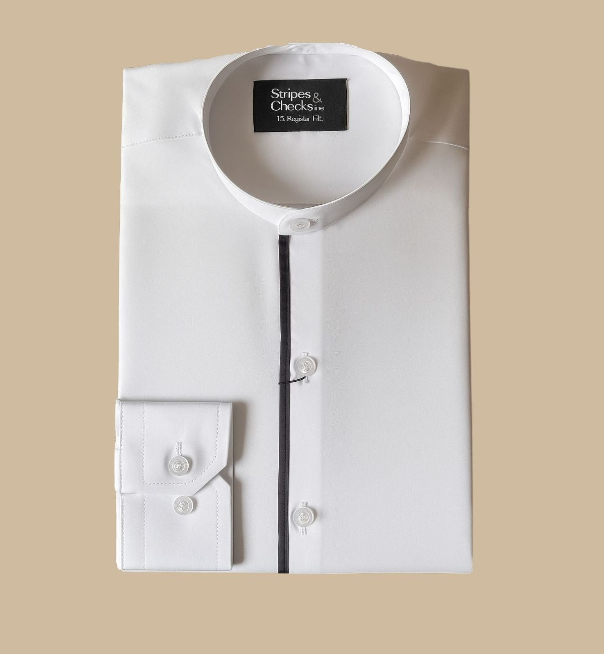White Nehru Collar Long Sleeve Shirt with Contrast Piping