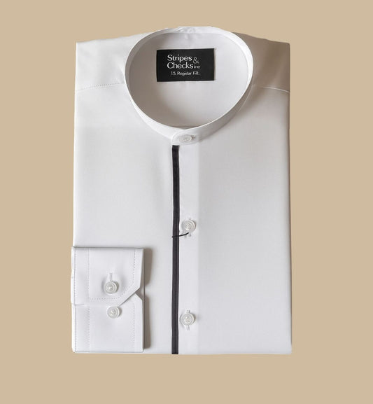White Nehru Collar Long Sleeve Shirt with Contrast Piping