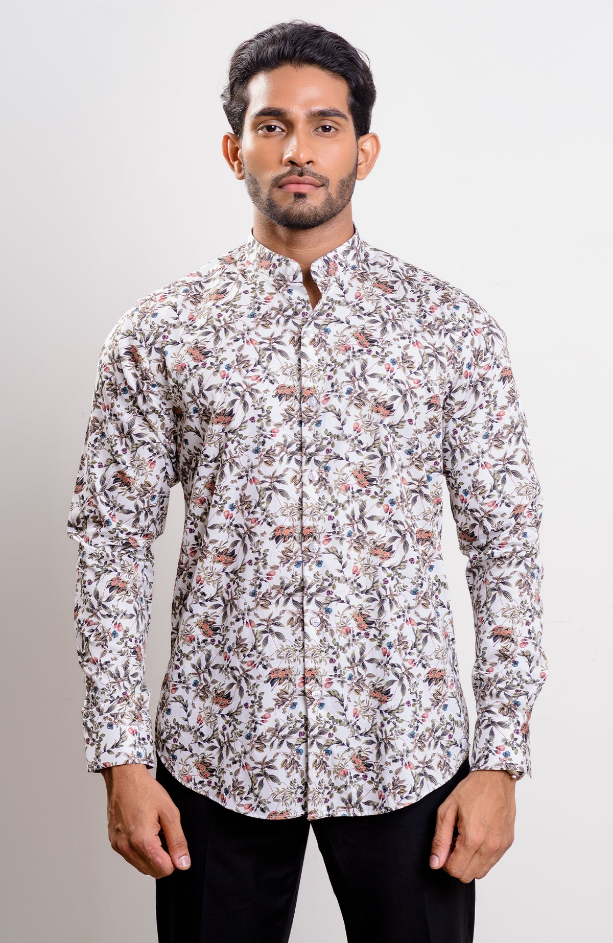 White base multi color print Nehru collar casual long sleeve shirt