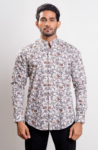 White base multi color print Nehru collar casual long sleeve shirt