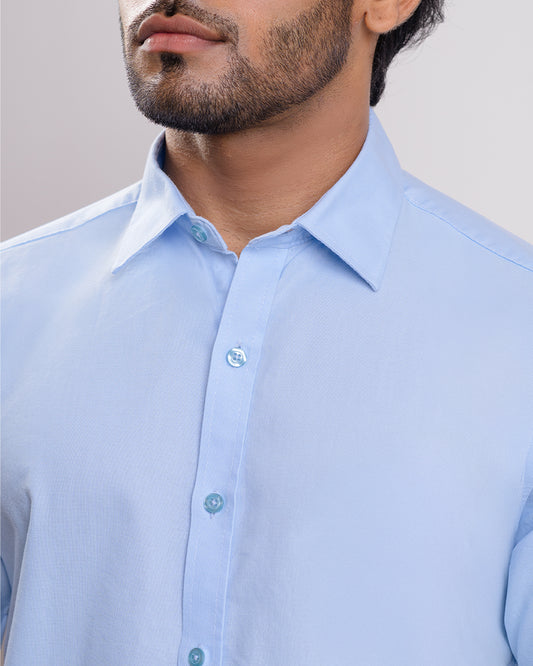 Baby blue Washed oxford spread collar casual Short sleeve shirt