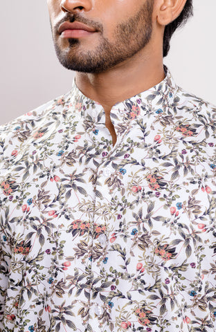 White base multi color print Nehru collar casual long sleeve shirt