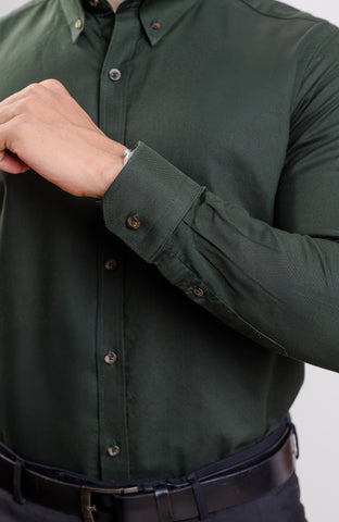 Dark green Washed Oxford Buttondown collar casual long sleeve shirt with logo on cuff