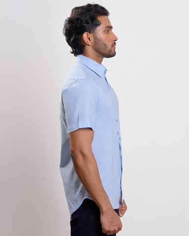 Baby blue Washed oxford spread collar casual Short sleeve shirt