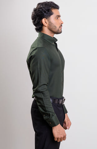 Dark green Washed Oxford Buttondown collar casual long sleeve shirt with logo on cuff