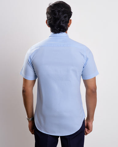 Baby blue Washed oxford spread collar casual Short sleeve shirt