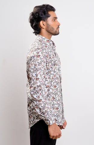 White base multi color print Nehru collar casual long sleeve shirt