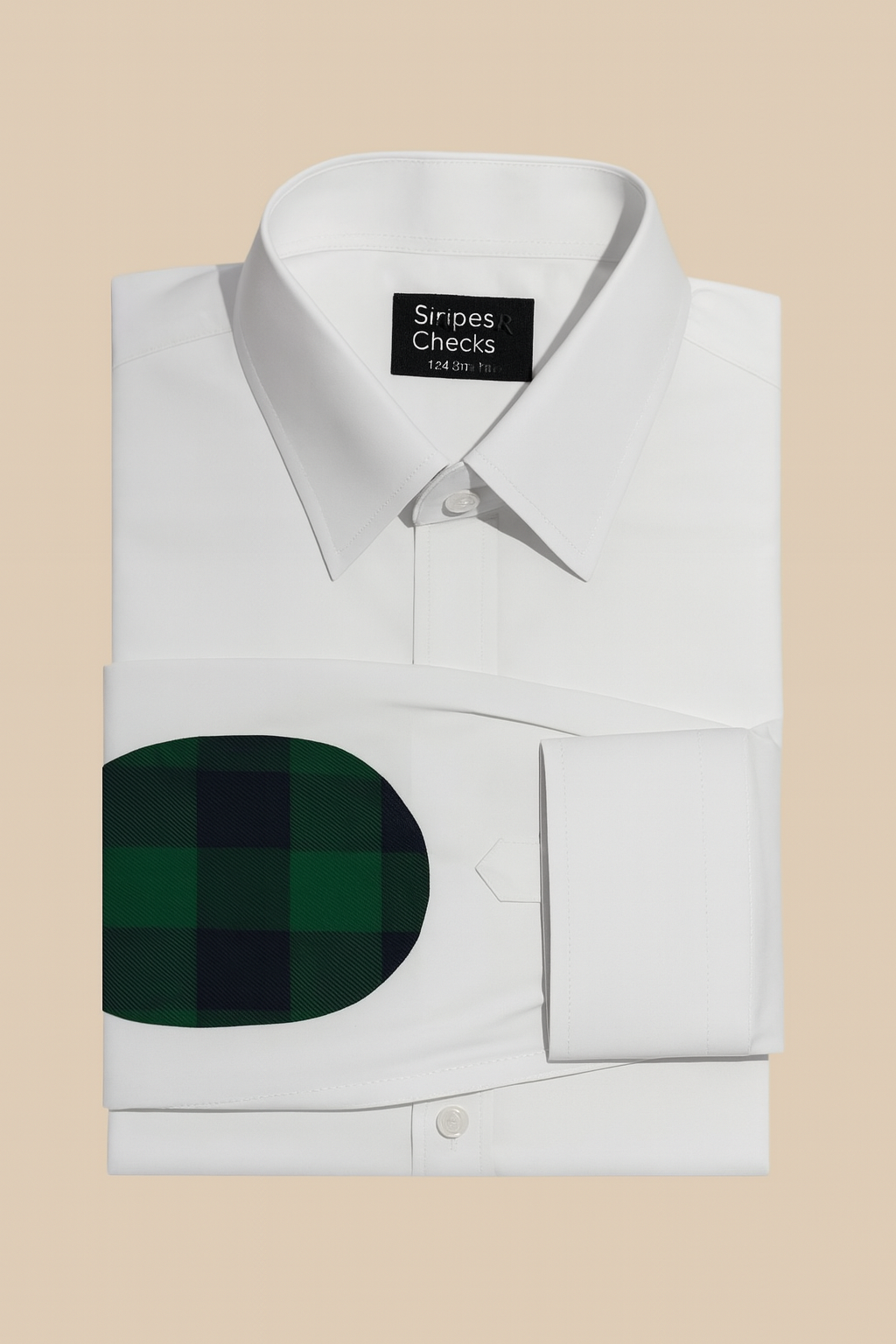 White Cotton shirt with Green Elbow Patch Stripes and Checks White Cotton shirt with Green Elbow Patch Stripes and Checks