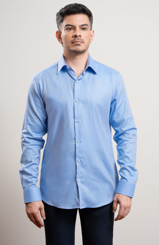 Light Blue Herringbone Long Sleeve Formal Shirt