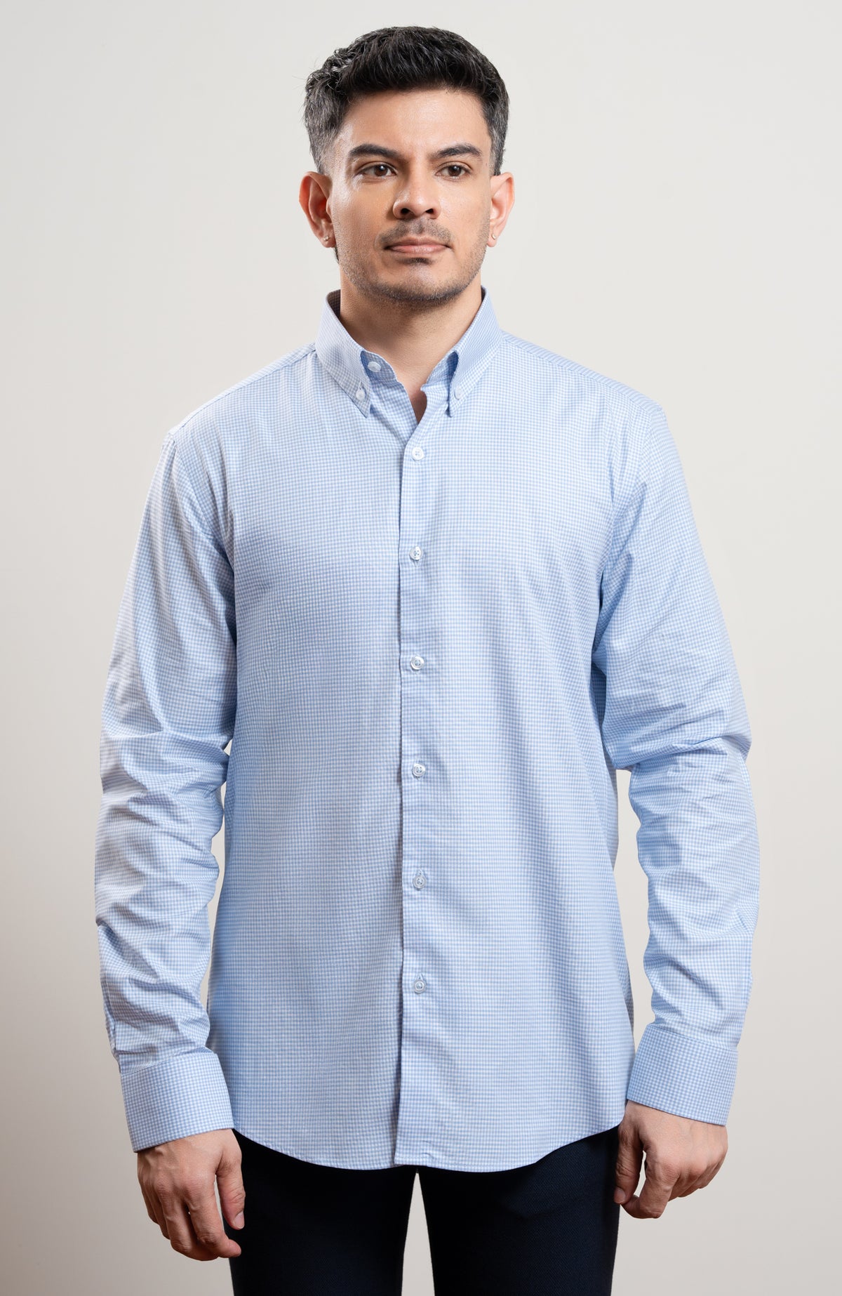 Light Blue micro check formal long sleeve shirt