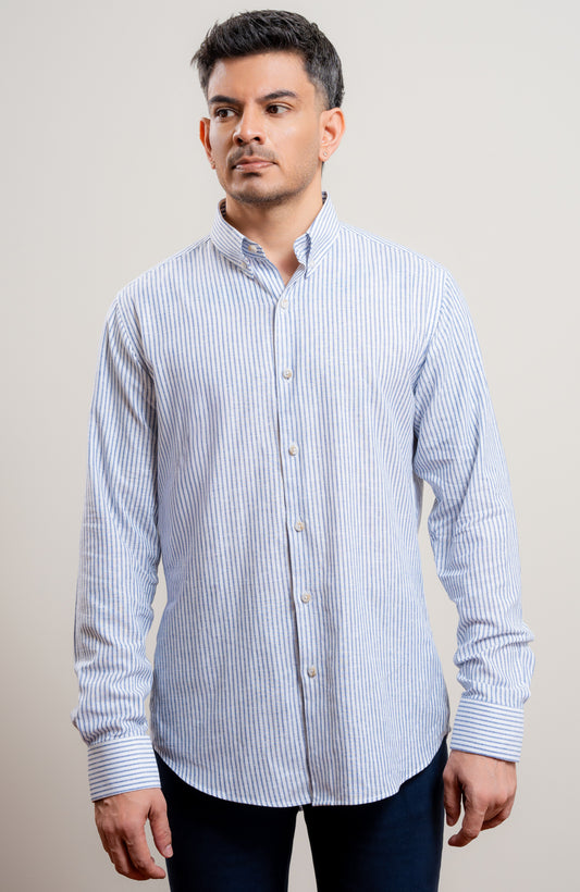 Blue and white stripe casual long sleeve blended linen shirt