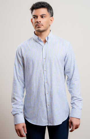 Blue and white stripe casual long sleeve blended linen shirt