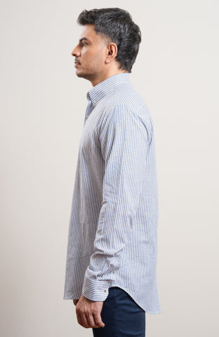 Blue and white stripe casual long sleeve blended linen shirt