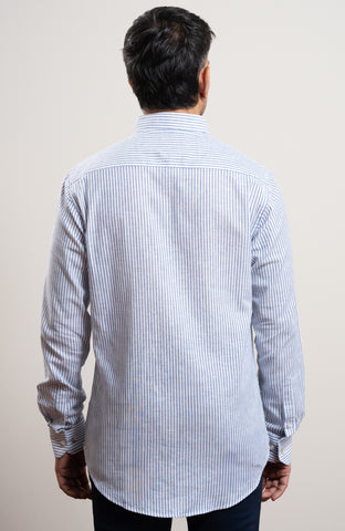 Blue and white stripe casual long sleeve blended linen shirt