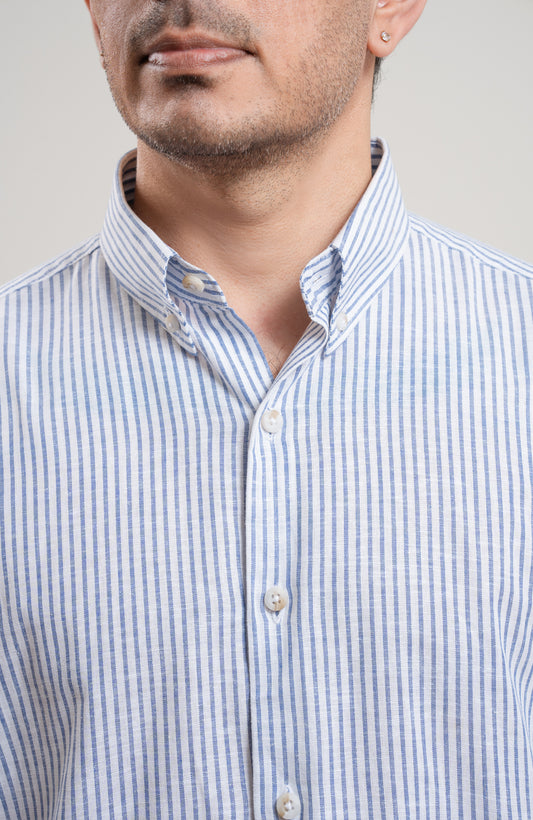Blue and white stripe casual long sleeve blended linen shirt