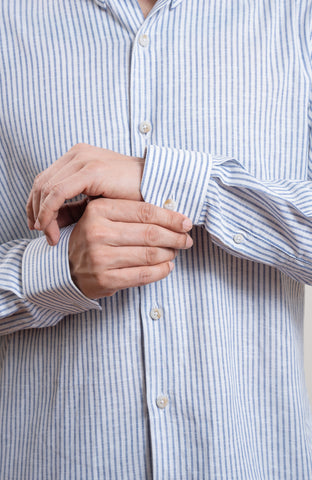 Blue and white stripe casual long sleeve blended linen shirt