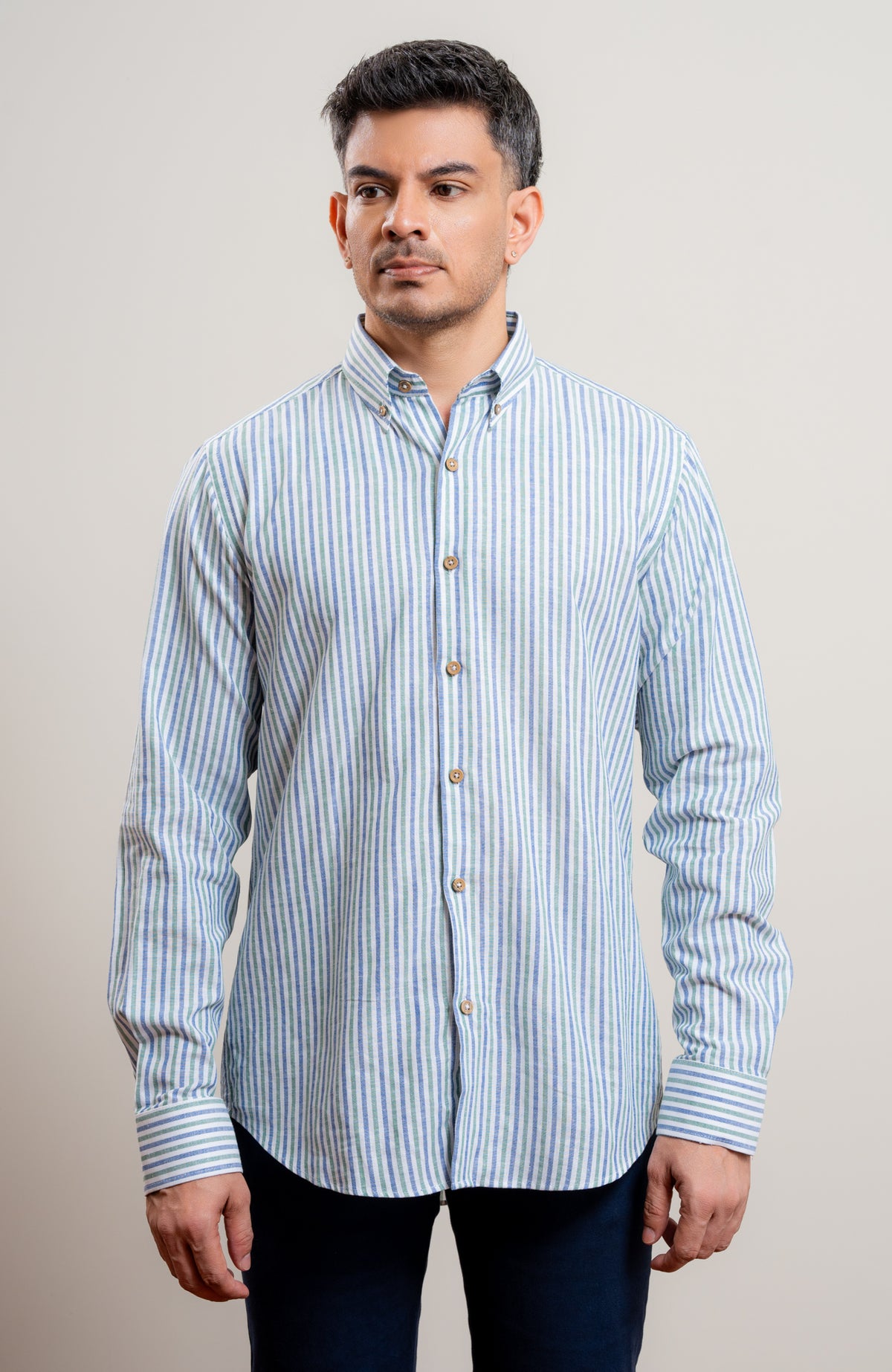 Green and Blue stripe casual long sleeve blended linen shirt