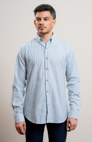 Green and Blue stripe casual long sleeve blended linen shirt