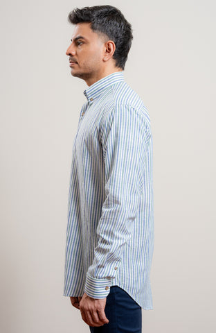 Green and Blue stripe casual long sleeve blended linen shirt