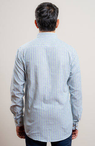 Green and Blue stripe casual long sleeve blended linen shirt