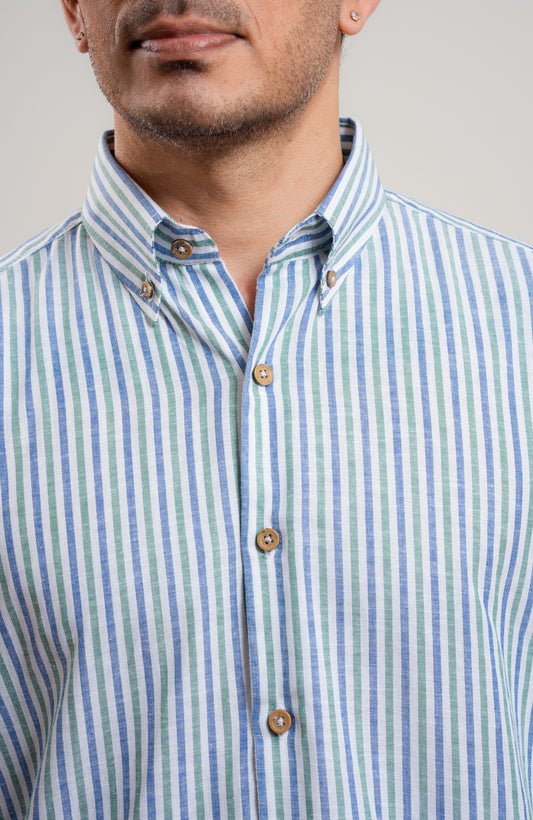 Green and Blue stripe casual long sleeve blended linen shirt