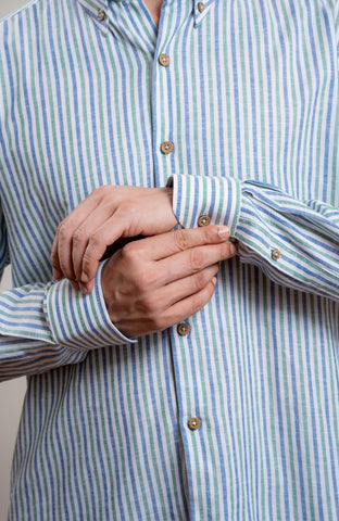 Green and Blue stripe casual long sleeve blended linen shirt