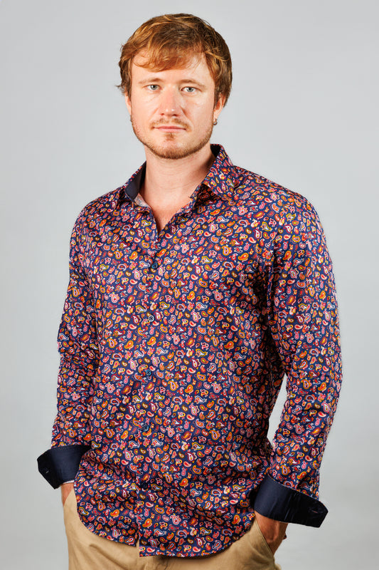 Red & Blue Mini Paisley Print Shirt