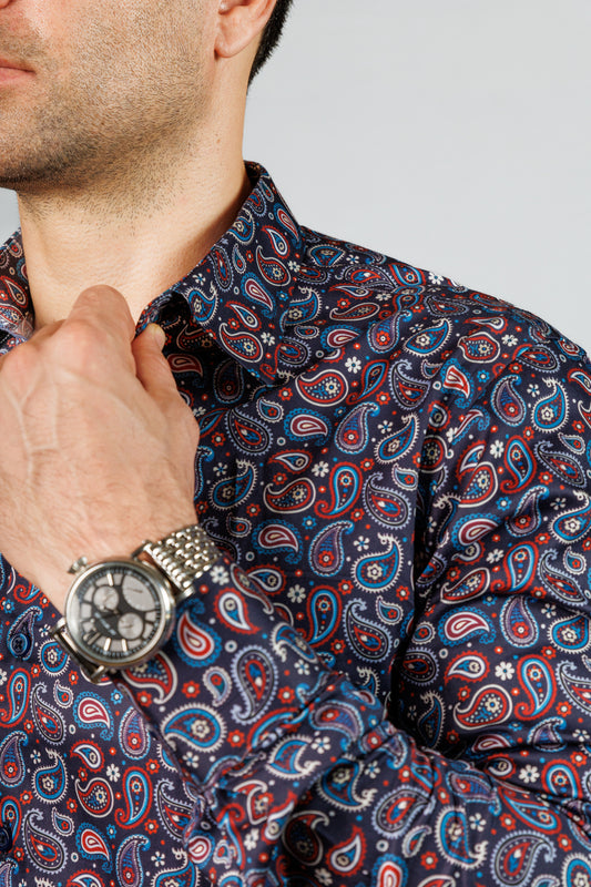 Dark Blue Paisley Print Long Sleeve Shirt