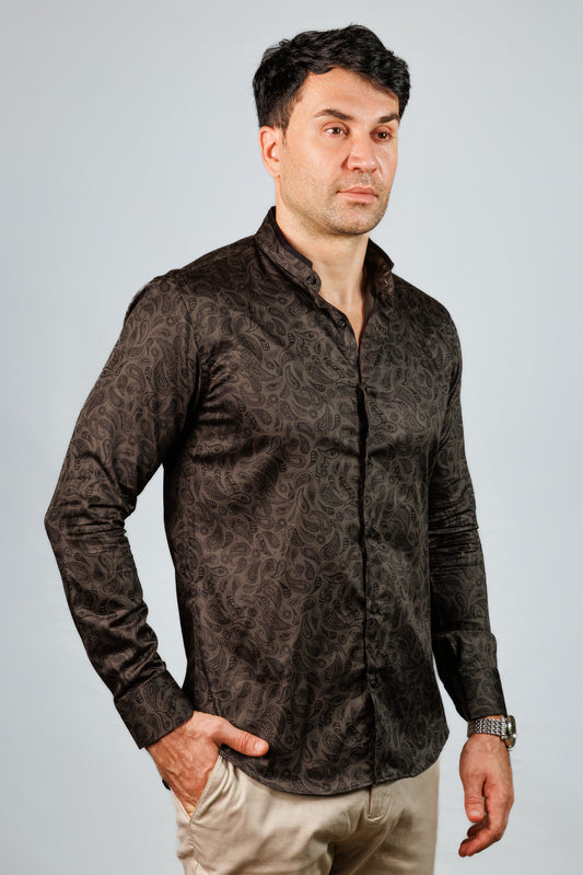 Black Double Nehru Paisley Print Shirt