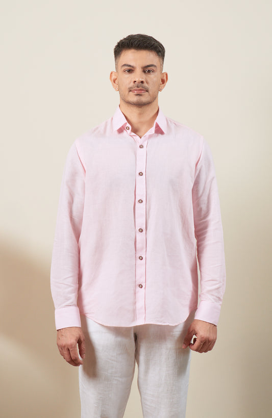 Baby Pink Blended Linen Long Sleeve Shirt