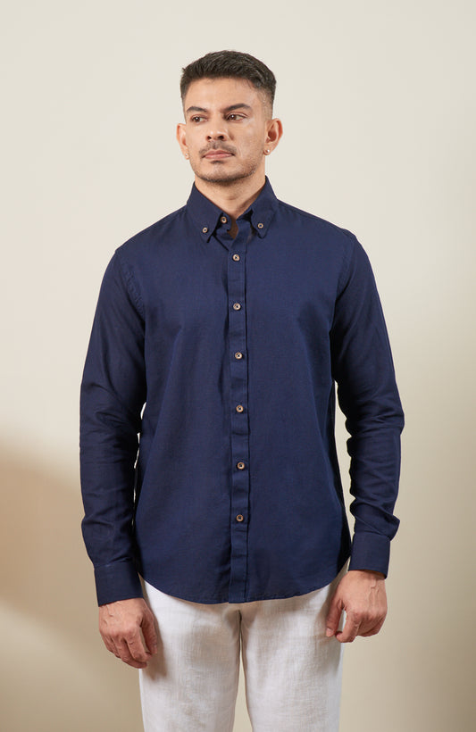 Navy Blue Blended Linen Button Down Long Sleeve Shirt
