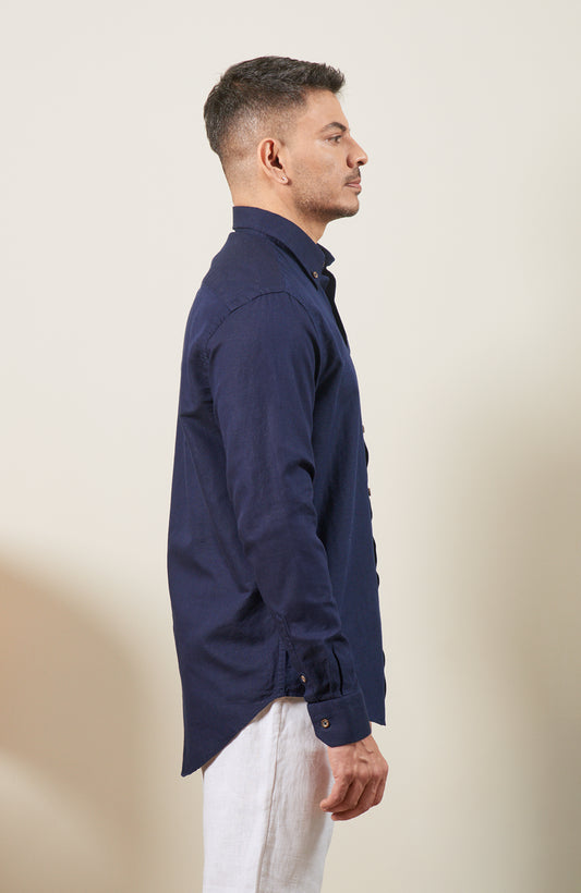 Navy Blue Blended Linen Button Down Long Sleeve Shirt