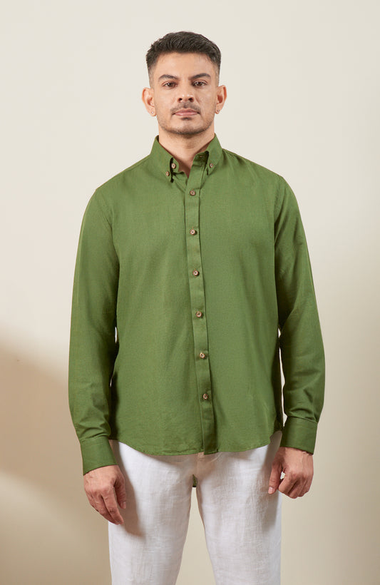 Olive Green Blended Linen Button Down Long Sleeve Shirt